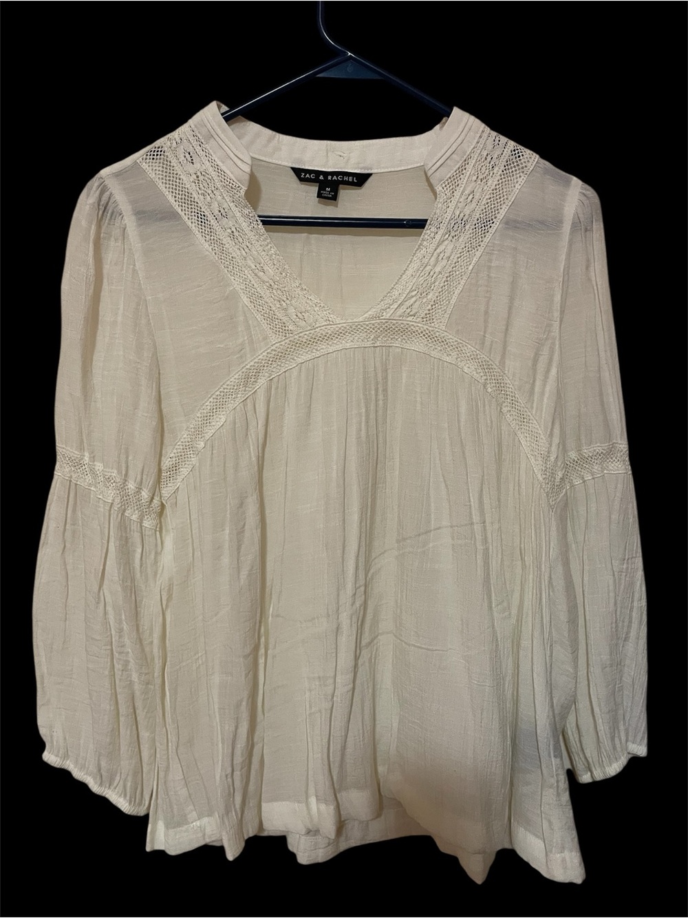 Zac & Rachel Cream Boho V-Neck Crochet Peasant Blouse